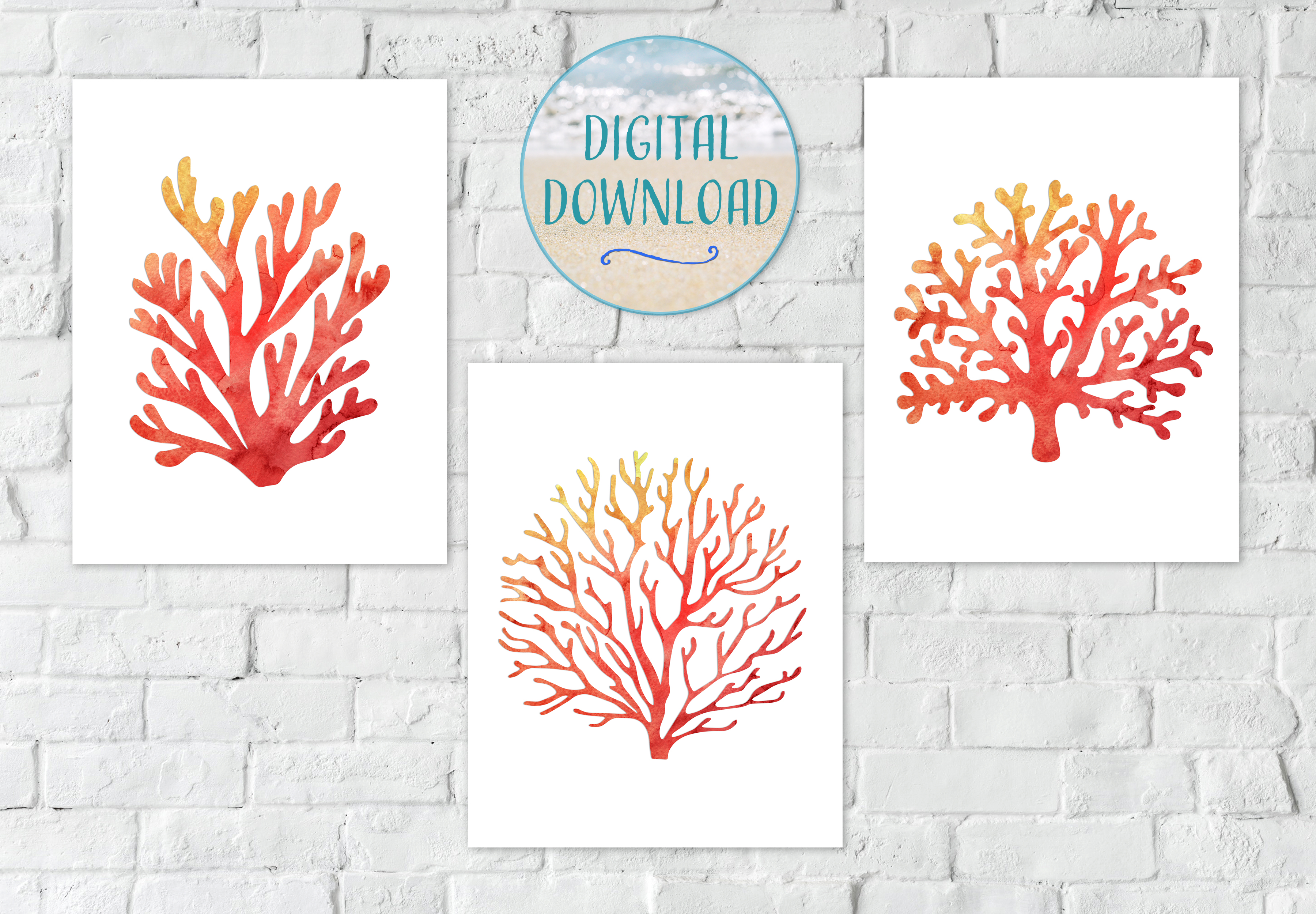Coral Watercolor Silhouettes, Digital Downloads