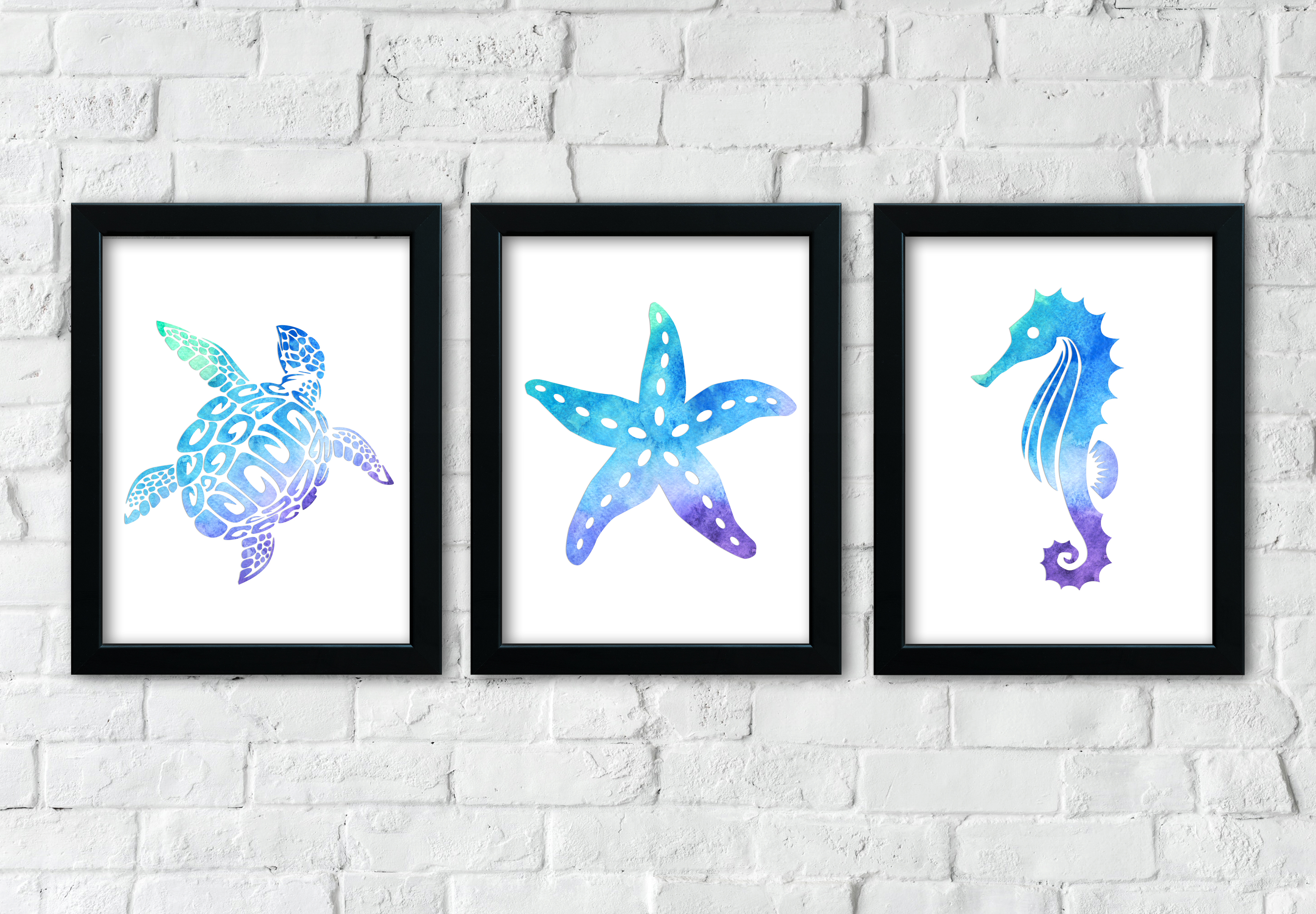 Watercolor Sea Turtle, Sea Horse, Starfish Silhouettes, Coastal Digital Downloads