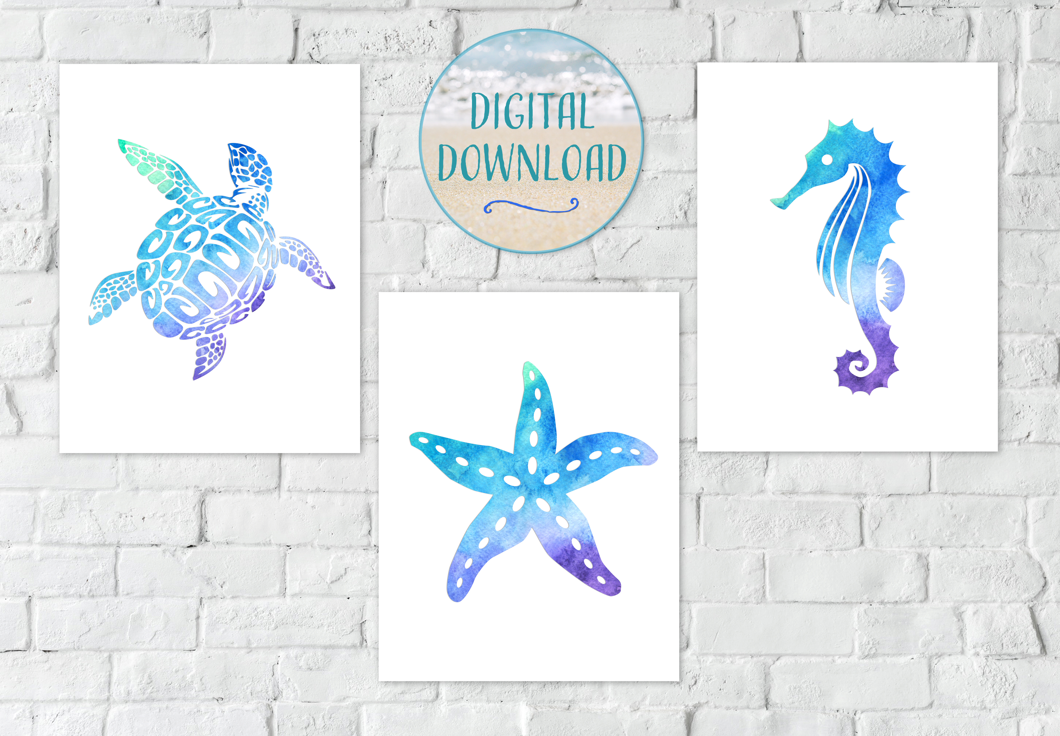 Watercolor Sea Turtle, Sea Horse, Starfish Silhouettes, Coastal Digital Downloads