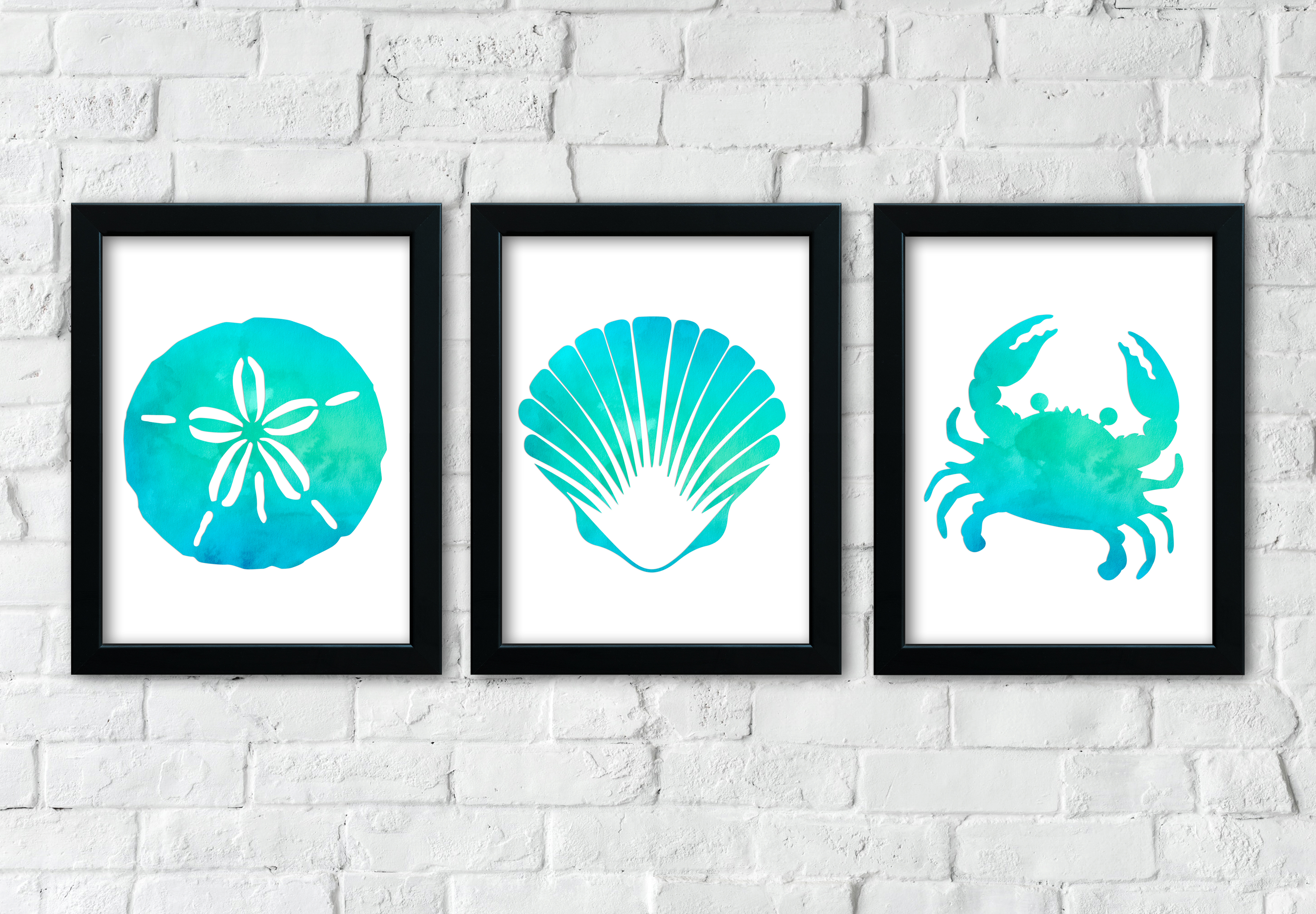 Watercolor Seashell, Sand Dollar, Crab Silhouettes, Coastal Digital Downloads